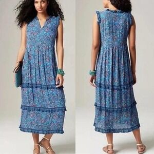 J. Jill Midi Dress Womens Sz L Blue Paisley Coastal Ruffles Tiered V-Neck Rayon